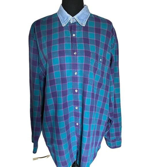 VTG 90's World Island Plaid Oversided Button Down Shirt with Denim Collar L - Picture 1 of 11